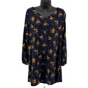 Treasure & Bond Tunic Dress WMNS XXS Navy Mustard Floral Long Sleeve V-Neck Mini